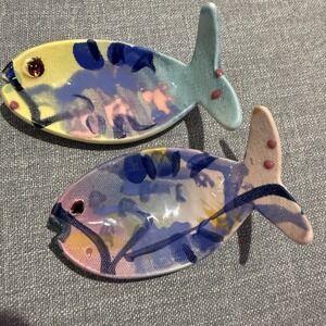 Vintage Jim Rice Naples Studio Pottery Two Painted Ceramic Fish  Bowls 5.5" EUC